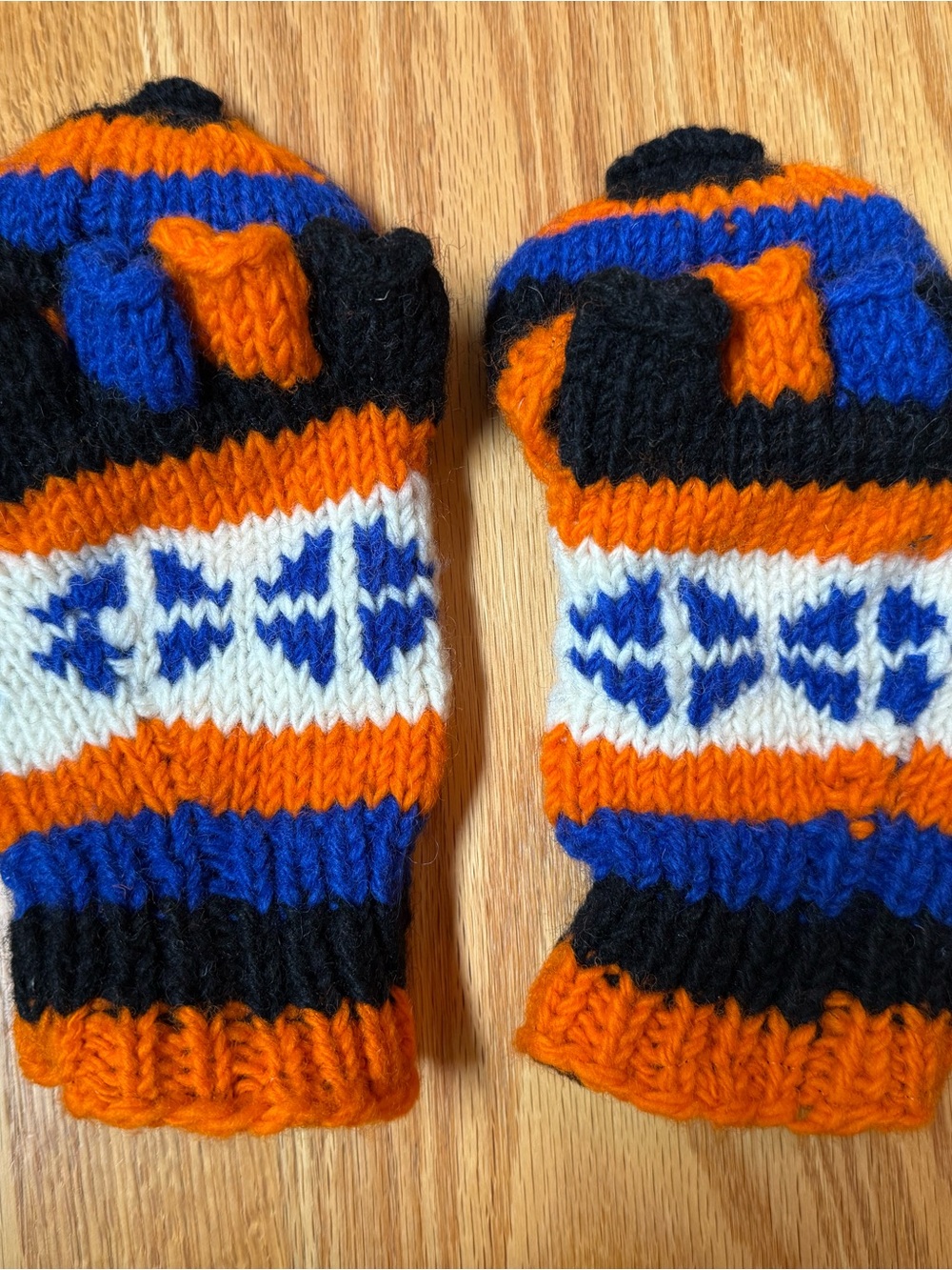 Cozy Striped Knit Mittens in Orange, Blue, White and Blaxk